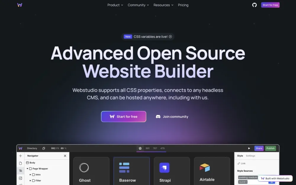 Webstudio - A no-code website builder with advanced design capabilities and customizable styling